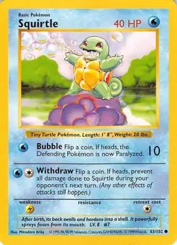Squirtle 63/102 Common Base Set Shadowless Pokemon Unlimited Moderately Played - Image 1