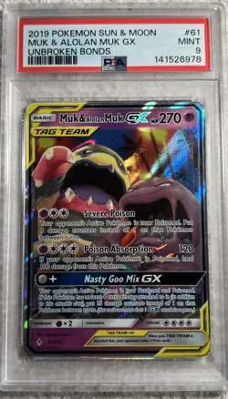 2019 Pokemon Sun and Moon Unbroken Bonds Muk and Alolan Muk Gx #61 PSA 9 - Image 2