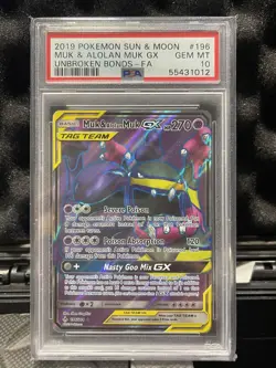2019 Pokemon Sun & Moon Unbroken Bonds #196 Full Art Muk Alolan Muk GX PSA 10 - Image 1