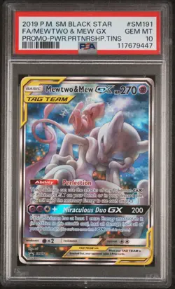 Pokemon 2019 SM Black Star Promo SM191 Mewtwo & Mew GX Full Art Holo PSA 10 - Image 1