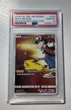 2018 JPN SM PROMO POKEMON CENTER 20TH ANV CAMPAIGN RED'S PIKACHU PSA 10 270 SM-P - Image 1
