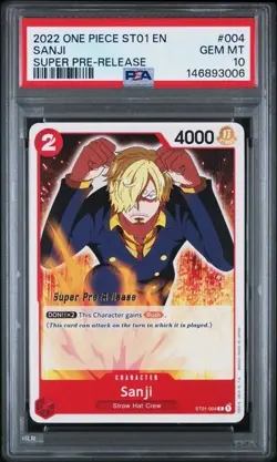 2022 ONE PIECE 004 SANJI SUPER PRE-RELEASE PSA 10 GEM MINT - Image 1