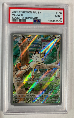 Meowth 106/094 Illustration Rare 2025 Pokemon Phantasmal Flames PSA 9 Mint - Image 1