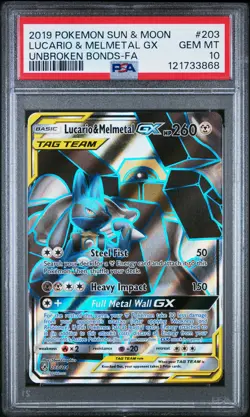 2019 POKEMON SUN & MOON UNBROKEN BONDS FULL ART/LUCARIO & MELMETAL GX PSA 10 - Image 1