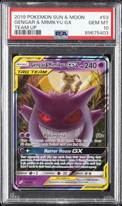 2019 POKEMON SUN & MOON TEAM UP #53 GENGAR & MIMIKYU GX PSA 10 - Image 1
