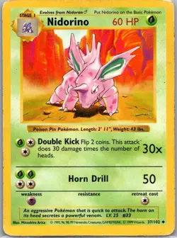 Nidorino 37/102 Base Set Shadowless Uncommon Unlimited Pokemon - Image 1