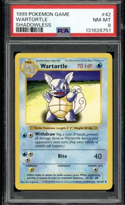 Wartortle 42/102 - Base Set Shadowless 1999 Pokemon Card English - PSA 8 NM MINT - Image 1