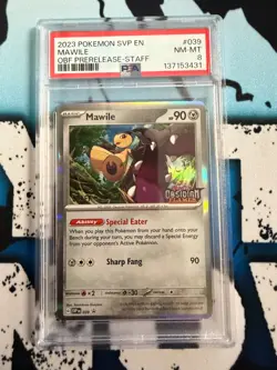 2023 POKEMON SVP OBSIDIAN FLAMES PRERELEASE-STAFF #039 MAWILE PSA 8 - Image 1