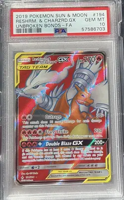 Reshiram & Charizard GX 194/214 Holo Rare Pokemon 2019 Unbroken Bonds PSA 10 GEM - Image 1