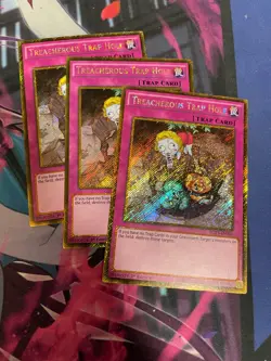 YUGIOH - TREACHEROUS TRAP HOLE X3 - PGL3 - GOLD SECRET RARE - NM - 1ST ED - Image 1