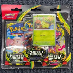 Pokemon TCG Mega Evolution Perfect Order 3-Pack Blister Chikorita Promo Card - Image 1