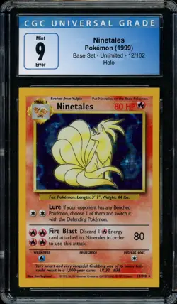 1999 Pokemon Base Set Ninetales #12 Holo Rare ERROR SQUARE CUT CGC 9 MINT - Image 1