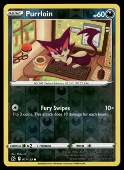 Purrloin 077/159 Common Crown Zenith Pokemon Reverse Holo Near Mint - Image 1