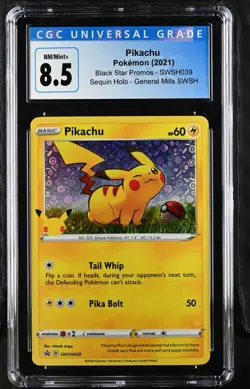 Pikachu SWSH039 CGC 8.5 Sequin Holo General Mills Black Star Promo Pokemon Card - Image 1