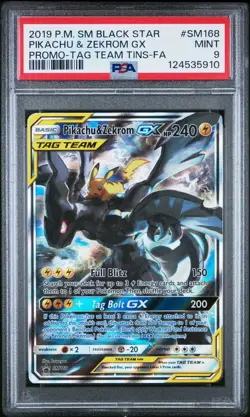 2019 Pokemon Black Star Promo Pikachu & Zekrom GX SM168 Sun Moon Tag Team PSA 9 - Image 1