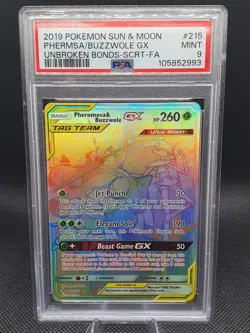 2019 POKEMON S&M UNBROKEN BONDS FULL ART/PHEROMOSA & BUZZWOLE GX #215 PSA MNT 9 - Image 1