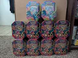 Pokemon TCG Mega Charizard ex Factory Sealed Tin Lot Of 10 (2 X + 8 Y Tins) - Image 1