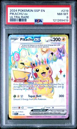 2024 POKEMON SSP EN-SURGING SPARKS ULTRA RARE #219 PIKACHU EX PSA 8 - Image 1