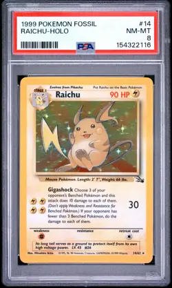 1999 POKEMON FOSSIL #14 RAICHU-HOLO PSA 8 - Image 1