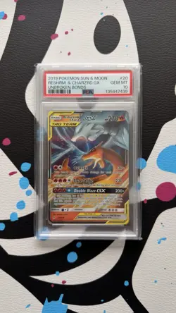 PSA 10 GEM MINT Pokemon Reshiram & Charizard GX Unbroken Bonds Tag Team 20/214 - Image 1