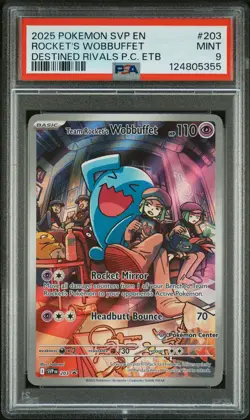 2025 POKEMON DESTINED RIVALS POKEMON CENTER ETB TEAM ROCKET'S WOBBUFFET PSA 9 - Image 1