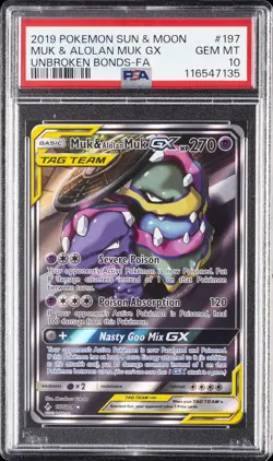 2019 POKEMON SUN & MOON UNBROKEN BONDS #197 FULL ART/MUK & ALOLAN MUK GX PSA 10 - Image 1