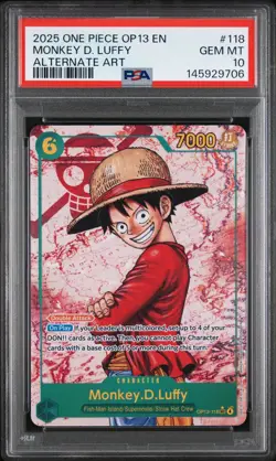 2025 One Piece OP13 EN Monkey D Luffy Alternate Art #118 PSA 10 GEM MINT - Image 1