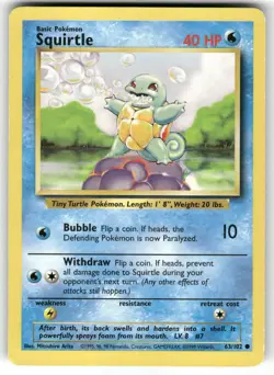 Squirtle 63/102 Common Base Set Unlimited Pokemon Lightly Played - Image 1