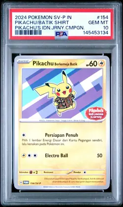 2024 Pokemon 154 Pikachu Batik Shirt Pikachu's Indonesia Journey PSA 10 - 3134 - Image 1