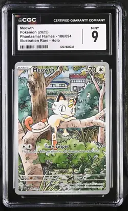 Meowth 106/094 Illustration Rare Holo Phantasmal Flames Pokemon CGC 9 Mint - Image 1