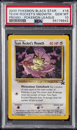 2000 POKEMON PROMO BLACK STAR POKEMON LEAGUE #18 TEAM ROCKET'S MEOWTH PSA 10 - Image 1