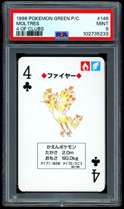 Pokemon MOLTRES Japanese GREEN Back 4 of Clubs POKER Playing Cards #146 - PSA 9 - Image 1