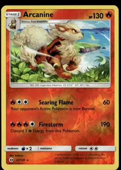 Pokemon Arcanine 22/149 Sun Moon Base Set Reverse Holo Rare 2 Card Lot - Image 1