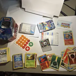 Pokemon Random Lot 100+ Cards + Tin + Coins+ Pamphlets, Lots of CommonsUncommons - Image 1