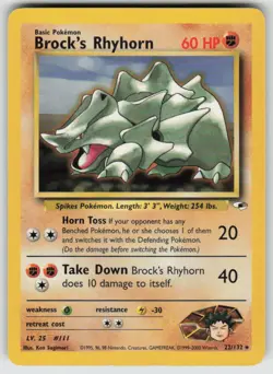 Brock's Rhyhorn 22/132 Rare Gym Heroes Pokemon Unlimited Lightly Played - Image 1