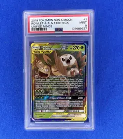 2019 Pokemon Sun & Moon Unified Minds #1 Rowlet & Aln.Exgtr.Gx PSA 9 - Image 1