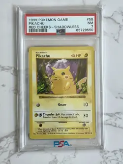 Pokemon TCG PSA 7 Pikachu Red Cheeks Base Set Shadowless Card 58/102 Vintage NM - Image 1