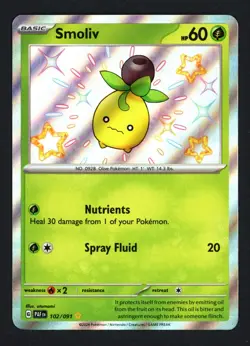 Smoliv 102/091 SV: Paldean Fates Shiny Rare Pokemon TCG - Image 1