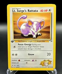 Vintage Lt. Surge's Rattata 82/132 1st Edition Gym Heroes Pokemon Common WOTC - Image 1