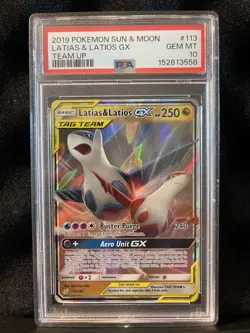 2019 POKEMON LATIAS & LATIOS GX TEAM UP SUN & MOON TEAM UP #113 PSA 10 - Image 1