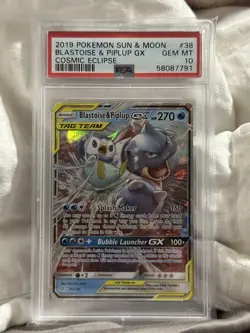BLASTOISE & PIPLUP GX 38/236 PSA 10 COSMIC ECLIPSE POKEMON TAG TEAM 2019 - Image 1
