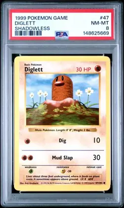 1999 POKEMON BASE SET GAME 47 DIGLETT SHADOWLESS NEAR MINT PSA 8 - Image 1