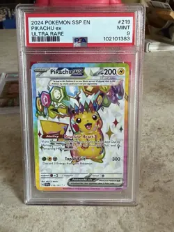 PSA 9 Pokemon SV08 Surging Sparks Pikachu ex Ultra Rare Holo EN 2024 #219 - Image 1