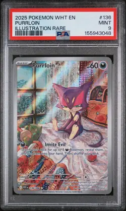 2025 POKEMON WHT EN-WHITE FLARE ILLUSTRATION RARE #136 PURRLOIN PSA 9 - Image 1
