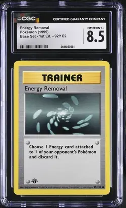 CGC 8.5 Energy Removal Base Set Shadowless 1st Edition 92/102 Pokemon Card - Image 1
