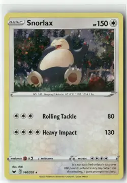2020 Pokemon Sword & Shield Base Set Snorlax 140/202 Rare NM - Image 1
