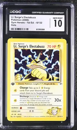 CGC 10 Lt. Surge's Electabuzz 6/132 Gym Heroes 1st Edition Holo Pokemon Card - Image 1