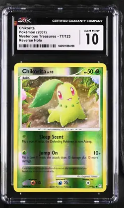 Pokemon TCG Chikorita Mysterious Treasures 77 Reverse Holo CGC 10 Gem Mint Pop 1 - Image 1