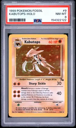 1999 POKEMON FOSSIL #9 KABUTOPS-HOLO PSA 8 - Image 1