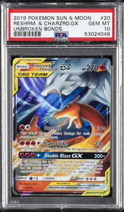 2019 POKEMON SUN & MOON UNBROKEN BONDS #20 RESHIRAM & CHARIZARD GX PSA 10 - Image 1